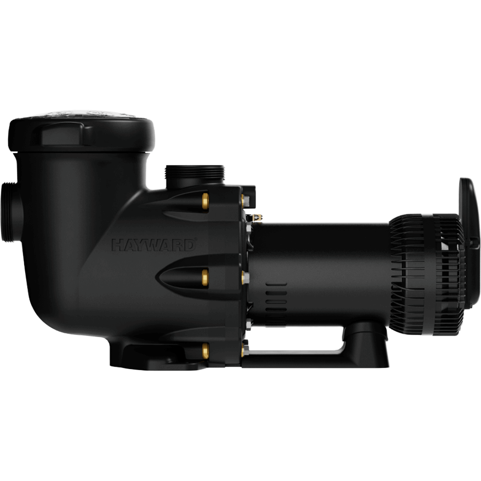 Left side profile view of the Hayward TriStar VS 810 Pool Pump with OmniX on a transparent background, showing the full length of the motor barrel extending horizontally, the embossed Hayward logo on the volute body, the top-mounted threaded discharge port, the rear strainer pot with smooth rounded contours, and the solid integrated base supporting the pump feet.