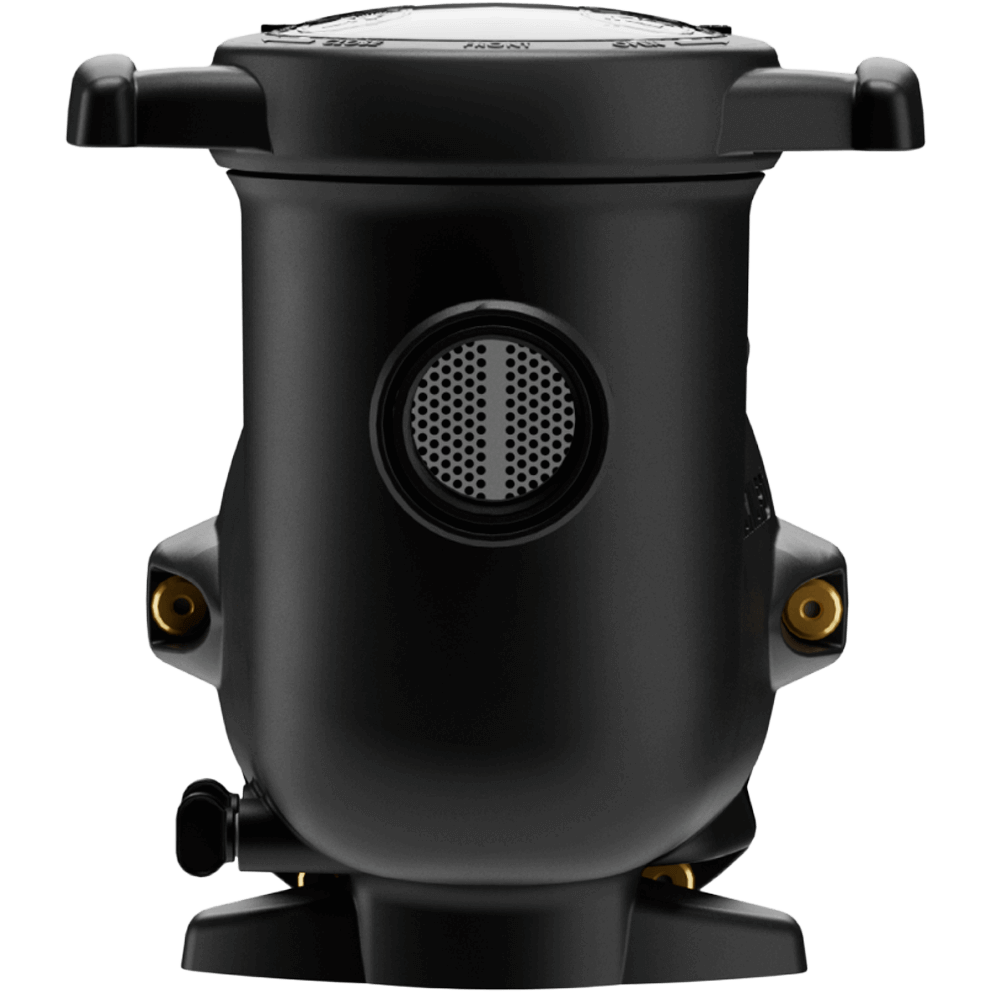 Rear-facing view of the Hayward TriStar VS 810 Pool Pump with OmniX against a transparent background, focusing on the strainer pot with its smooth cylindrical shape, the circular intake opening centred on the housing, the clear lid edge visible at the top, and the drain plug positioned low on the body.