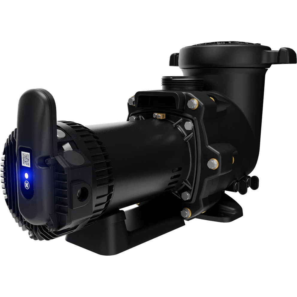 Angled side view of the Hayward TriStar VS 810 Pool Pump with OmniX against a transparent background, focusing on the length of the motor housing and volute connection, with no phone or automation accessories present, highlighting the clean pump-only configuration and the solid base structure supporting the unit.