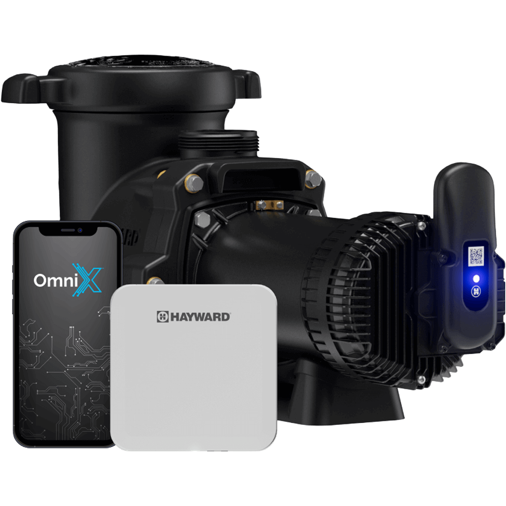 Angled front view of the Hayward TriStar VS 810 Pool Pump with OmniX on a transparent background, prominently displaying the OmniX Bluetooth control module mounted at the motor end with its blue illuminated indicator, while the strainer pot and volute remain visible behind, and no mobile device or gateway shown in this image.