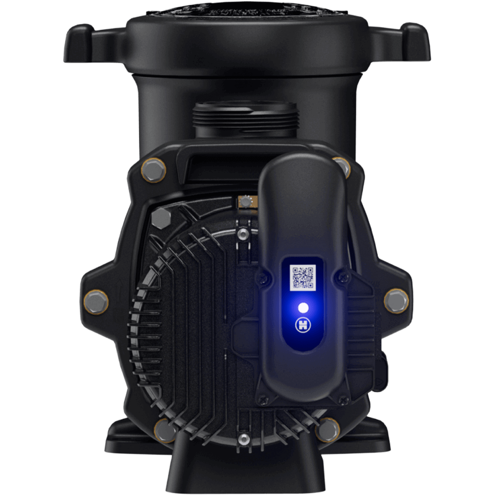 Rear facing view of the Hayward TriStar VS 815 Pool Pump with OmniX on a transparent background, centred on the motor end and OmniX module. The circular motor back plate is framed by a finned fan shroud that forms a ring of evenly spaced vertical ribs. In the middle, the OmniX module sits as a tall rounded vertical pod mounted to the motor end cap. A small square QR code label is positioned near the top of the pod, and directly below it a bright blue status light glows, followed by a circular Hayward “H” symbol that also glows blue. The wet end and strainer pot are visible behind the motor as a tall rounded housing, but the rear view is dominated by the illuminated OmniX module and the radial cooling fins.