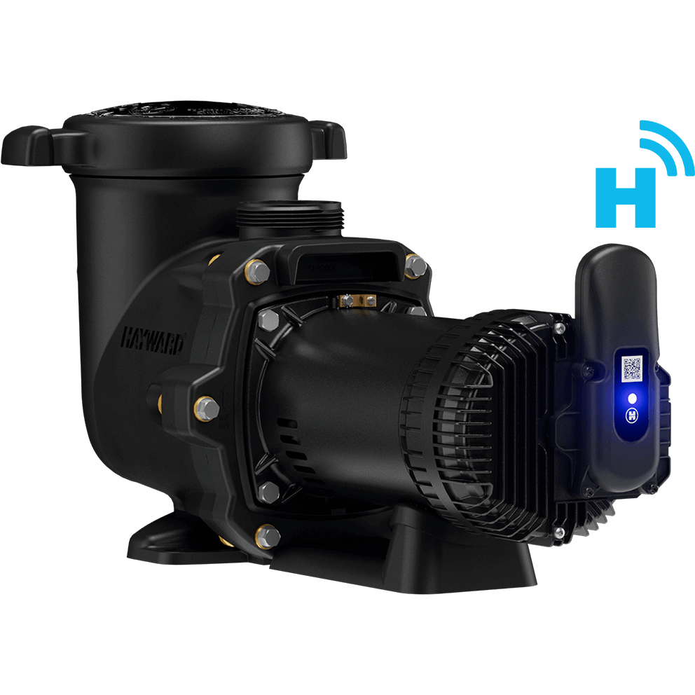 Angled front three quarter view of the Hayward TriStar VS 815 Pool Pump with OmniX on a transparent background, with the wet end on the left and the motor on the right, plus a large blue wireless icon graphic. The pump shows the tall rounded strainer pot with its flat circular lid and grip tabs at the top, a large left facing union connection at the front, and a short vertical open port near the top centre of the wet end. Silver hex bolts with brass coloured collars circle the seam between wet end and motor. At the far right motor end, the OmniX module is mounted as a rounded vertical pod with a small square QR code label near the top and a bright blue status light and Hayward “H” icon glowing beneath it. To the upper right of the pump, a large bright blue letter “H” with curved wireless signal arcs above it appears as a graphic element, indicating wireless connectivity.