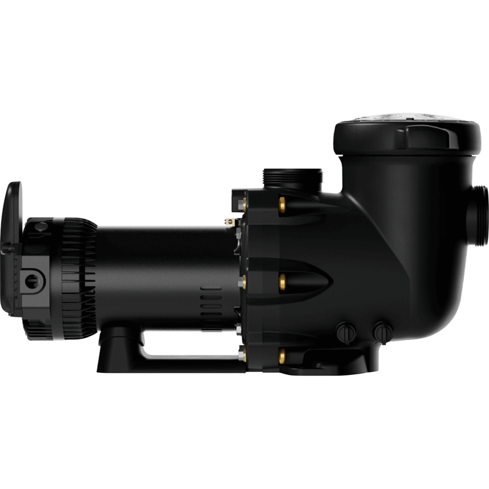 Right side profile view of the Hayward TriStar VS 820 pool pump with OmniX on a transparent background, showing the strainer housing positioned on the right and the motor extending leftward; the central housing displays silver fasteners and gold toned inserts, the cylindrical motor body runs horizontally, and the rear motor end includes the OmniX module area and vented cap above the integrated base.