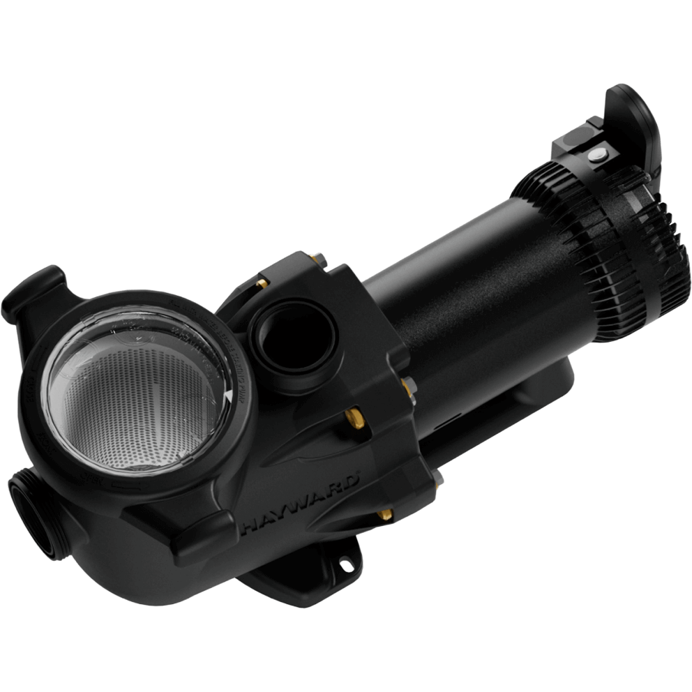 Top angled view of the Hayward TriStar VS 820 pool pump with OmniX on a transparent background, showing the clear strainer lid on the left with the basket texture visible beneath, an open vertical port rising near the centre, and the motor extending diagonally to the right with a vented rear cap; the housing includes moulded ribs, silver bolts, gold toned inserts, and a sturdy black base.