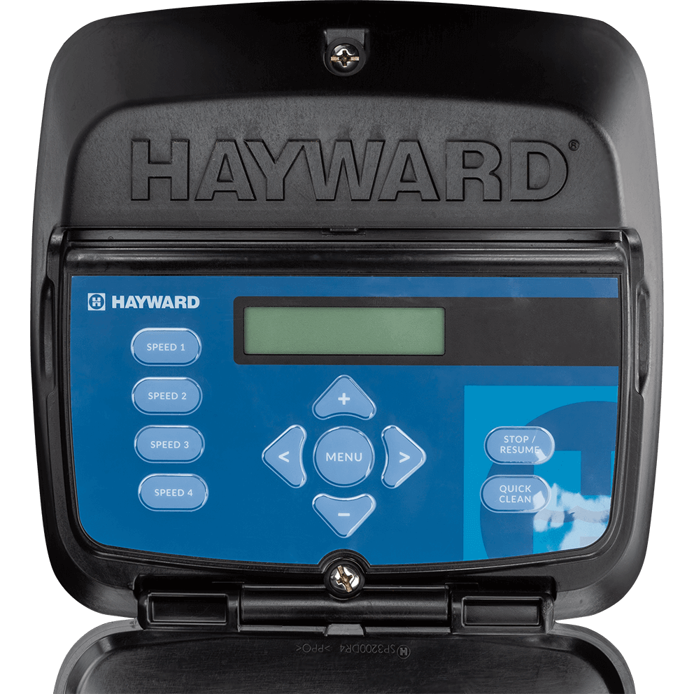 Close-up view of the Hayward TriStar VS 950 Omni digital control interface on a transparent background, with the hinged protective cover flipped open to fully expose the control panel. The upper housing displays raised “HAYWARD” lettering moulded into the black plastic cover. Below it, the control panel features a blue faceplate with a rectangular LCD display centred near the top. On the left side of the panel, four vertically stacked oval buttons are labelled “Speed 1,” “Speed 2,” “Speed 3,” and “Speed 4.” In the centre, a circular directional pad surrounds a “Menu” button, with clearly defined up, down, left, and right arrow buttons. On the right side, two additional buttons are labelled “Stop / Resume” and “Quick Clean.” A single metal screw is visible at the lower centre of the panel securing the assembly. The open cover reveals the hinge mechanism at the bottom edge, and all text, icons, and button shapes are sharply legible against the transparent background.