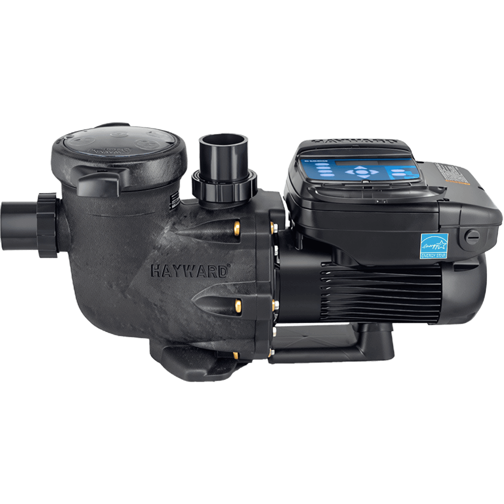 Side profile product image of a Hayward TriStar VS 950 variable speed pool pump shown isolated on a transparent background, viewed horizontally from the left. The pump features a large black corrosion resistant housing with a tall cylindrical strainer basket positioned on the left, topped with a clear circular lid secured by integrated locking tabs. A horizontal threaded intake union extends from the front of the strainer housing, while a vertical discharge outlet rises upward from the top of the volute near the centre of the pump body. The central housing displays the moulded HAYWARD brand name in raised lettering. Extending to the right, the totally enclosed fan cooled motor runs horizontally and includes deep ventilation fins along its side and a compact rear motor shroud. A digital control module is mounted on top of the motor housing, angled slightly upward for visibility. The pump rests on a wide reinforced base designed for stability and retrofit compatibility, highlighting a high efficiency variable speed pump engineered for advanced energy savings and flexible installation.