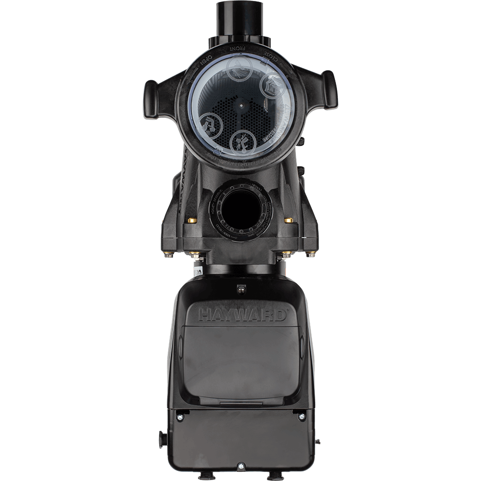 Top down view of the Hayward TriStar VS Variable-Speed Pool Pump, isolated on a transparent background, with the control interface area visible but covered. The round strainer lid sits at the top centre with icons printed on the clear lid surface, and the vertical discharge outlet rises just below it. Beneath, the rectangular control enclosure occupies most of the lower half, its outer cover closed so the keypad is not visible. The moulded “HAYWARD” name is embossed across the upper front of the cover, and the unit’s edges show a slightly curved, hard plastic housing with visible hinge seams and small fasteners near the lower corners.