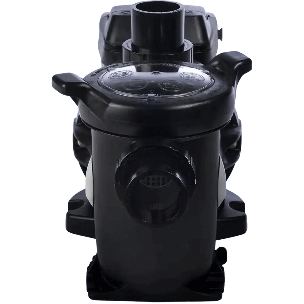 Front facing product image of a Hayward TriStar XL pool pump shown isolated on a transparent background, centred and viewed head on. The oversized cylindrical strainer basket dominates the foreground, featuring a clear see through lid with moulded markings and two opposing locking handles positioned symmetrically at the top. A large circular intake opening is visible on the front face of the strainer housing, aligned centrally below the lid. Behind the strainer, the vertical discharge outlet rises upward from the pump body, partially visible at the top centre. The wide base with flared mounting feet is visible at the bottom, providing stability and reinforcing the pump’s heavy duty construction and large debris handling capacity.