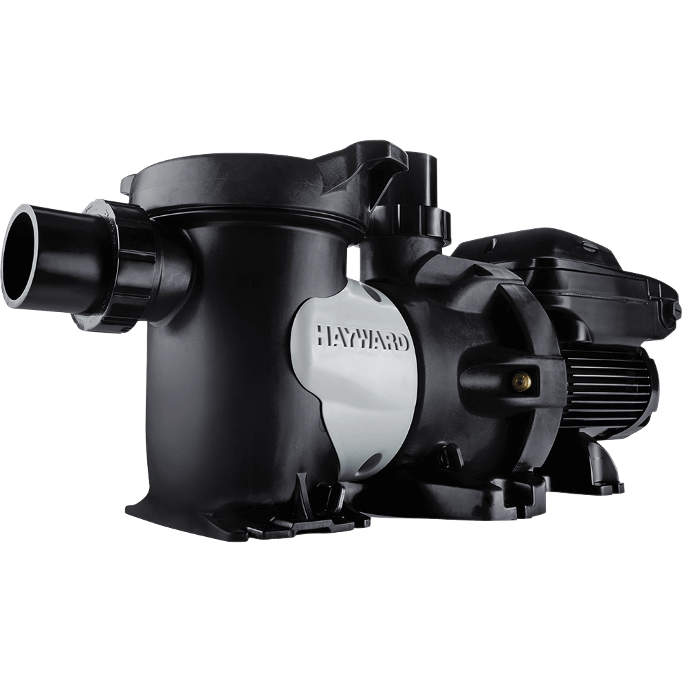 Angled product image of a Hayward TriStar XL pool pump shown isolated on a transparent background, viewed from the front right at a three quarter angle. The pump features a large black removable strainer housing with a tall cylindrical profile and a clear locking lid at the front, transitioning into a robust volute section with reinforced contours and visible fasteners. A vertical discharge outlet rises from the top of the pump body, fitted for high flow plumbing using oversized 3 inch unions. The white accent panel on the side of the housing displays the embossed HAYWARD brand name, contrasting against the black body. Extending to the rear, the totally enclosed fan cooled motor sits horizontally with ribbed ventilation and a compact rear cap. The entire unit rests on a wide reinforced base with integrated mounting feet, showcasing a powerful, versatile pool pump engineered for high flow performance, flexible installation, digital control integration, and long term durability in demanding residential pool systems.