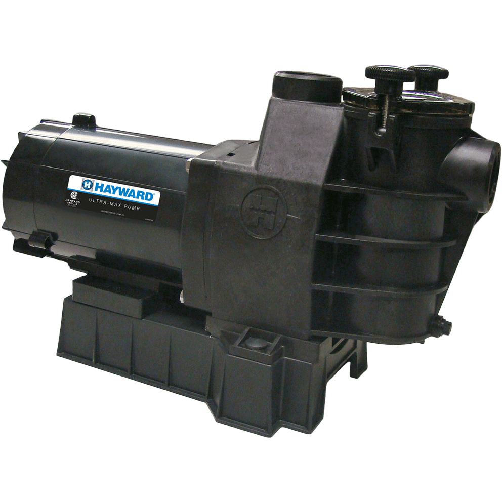 Angled product image of a Hayward UltraMax above ground pool pump shown isolated on a transparent background, viewed from the front left at a three quarter angle. The pump features a robust black, non conductive and corrosion proof PermaGlass XL housing with a squared, industrial profile designed for durability and quiet operation. On the right side of the image, a large rounded strainer basket chamber sits forward of the motor, topped with a clear Lexan see through lid secured by two prominent swing aside hand knobs positioned at the top edge for easy access. The strainer housing includes moulded load extender ribbing around its exterior to support smooth internal water flow, and the oversized internal basket incorporates an integral non corrosive handle visible beneath the lid. A horizontally oriented threaded intake port extends from the front face of the strainer housing, while the discharge outlet is positioned higher and slightly rearward on the pump body. Extending to the left, the cylindrical motor housing runs horizontally and is finished in matching black with subtle contouring. A rectangular Hayward UltraMax Pump label is mounted on the motor casing, displaying the Hayward logo and UltraMax name in contrasting white and blue. The entire assembly rests on a wide, reinforced base with integrated mounting feet, providing stability and service ease access to internal components, highlighting a heavy duty, self priming pool pump engineered for efficient circulation, reduced noise, and long term dependable performance in above ground and on ground pool systems.