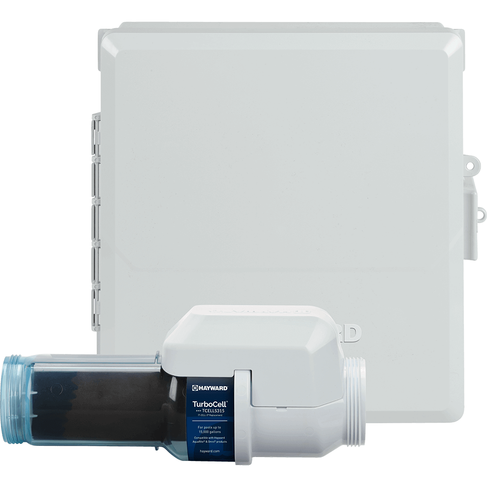 Front-facing view of the Hayward AquaRite S315 15,000 Gallon Salt System with the enclosure door closed and the TurboCell S315 positioned horizontally in front of it, both clearly isolated against a transparent background. The square light grey control enclosure fills the upper portion of the image, its smooth door panel facing directly forward with three vertical hinge segments visible along the left edge and two mounting tabs protruding from the right side. The embossed HAYWARD logo is subtly centred across the lower half of the door. In the foreground, aligned left to right across the bottom third of the frame, the clear TurboCell S315 is attached to its white housing cap on the right side. The transparent cylindrical chamber reveals the dark internal electrode plates, with pale blue threaded unions at both ends. The navy label on the cell reads “TurboCell TCELLS315” and indicates for pools up to 15,000 gallons, with compatibility noted beneath.