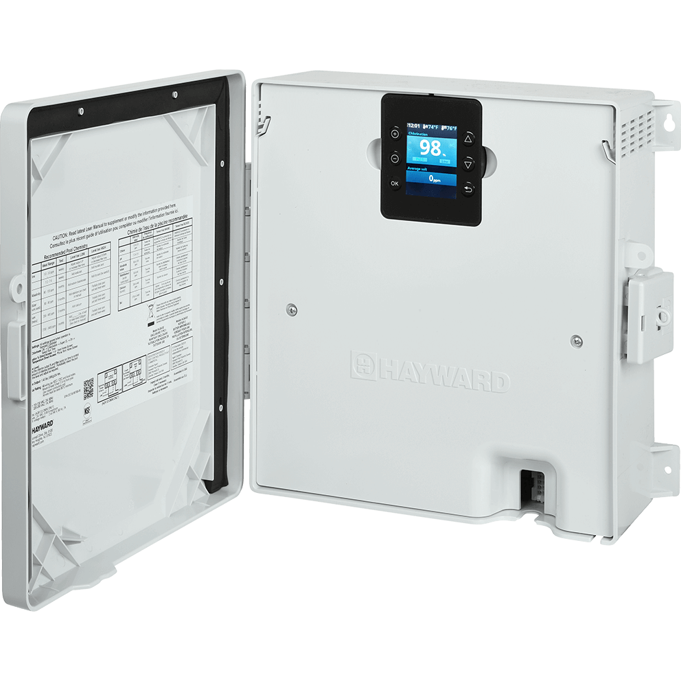 Angled front view of the Hayward AquaRite S315 enclosure with the door fully open, shown on a transparent background so the interior structure and components are clearly visible. The open door swings outward to the left, revealing the inner panel with a large printed installation and chemistry reference label secured across the centre, reinforced by triangular moulded support ribs at the corners and a black gasket lining the perimeter. On the right half of the unit, the interior face of the enclosure is visible with a centrally mounted colour LCD control display. The screen shows chlorine output at 98 percent, temperature readings along the top, and navigation icons arranged vertically on the right side of the display. The embossed HAYWARD branding remains visible across the lower centre of the interior panel, and a rectangular wiring access opening appears at the bottom right corner of the housing.
