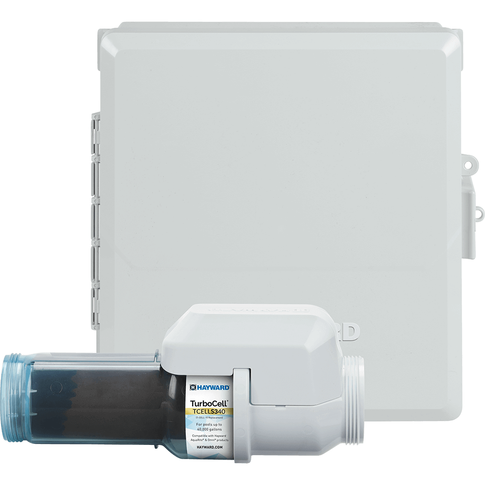 Straight-on view of the Hayward AquaRite S340 Omni 40k Gallon System on a transparent background, with the white enclosure filling most of the frame and its door closed so the surface appears smooth and unbroken, aside from a faint embossed HAYWARD wordmark sitting low and slightly right of centre. The hinge line and latch side are implied by the enclosure’s side edges, with moulded mounting points visible along the right side. Placed in front at the bottom, the included clear TurboCell S340 salt cell is positioned horizontally, with the blue tinted transparent chamber to the left and the white housing to the right; the “TurboCell TCELLS340” label and Hayward logo are centred on the housing, and the rightmost threaded outlet end projects toward the edge of the image.