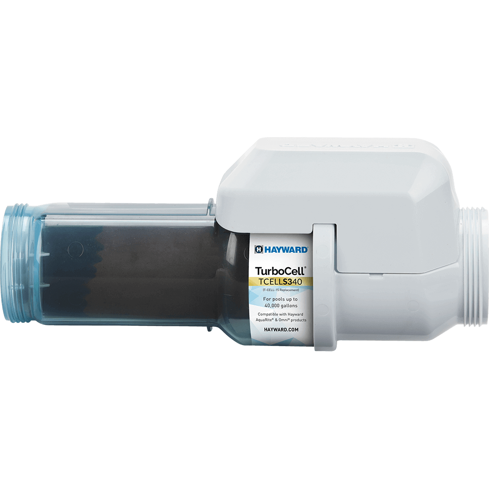 Side profile view of the Hayward TurboCell S340 40,000 Gallons Clear Salt Cell (TCELLS340), isolated on a transparent background, oriented horizontally with the translucent blue tinted clear cell chamber on the left and the white plastic electronics housing on the right. The long chamber has ribbed detailing along the top and a visible internal dark electrode stack running the length inside. At the centre where the chamber meets the housing, a vertical product label wraps around the body, showing the Hayward logo at the top and “TurboCell TCELLS340” in bold, with smaller capacity and compatibility text beneath. The far left end shows a clear threaded connection collar, while the far right end shows the white threaded outlet connection extending outward.