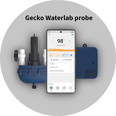 Front-facing product graphic of the Gecko Waterlab Probe displayed within a soft grey circular background, featuring the probe assembly components arranged around a centrally positioned smartphone interface. At the centre is a modern smartphone shown upright in portrait orientation, displaying a clean white app screen with a large “98°” temperature reading at the top and navigation tabs labelled Spa, Energy, and History beneath it. Below the phone, control icons for settings and system functions are visible along the bottom of the screen. To the left of the phone is the blue Waterlab probe housing with a cylindrical black sensor extending vertically from the top, along with connected white and grey plumbing fittings and adapters. To the right of the phone is a compact dark blue rectangular control module with a subtle embossed logo and mounting tab. The overall layout highlights the smart monitoring functionality of the Gecko Waterlab Probe, emphasising app-based temperature tracking and integrated spa water management technology.