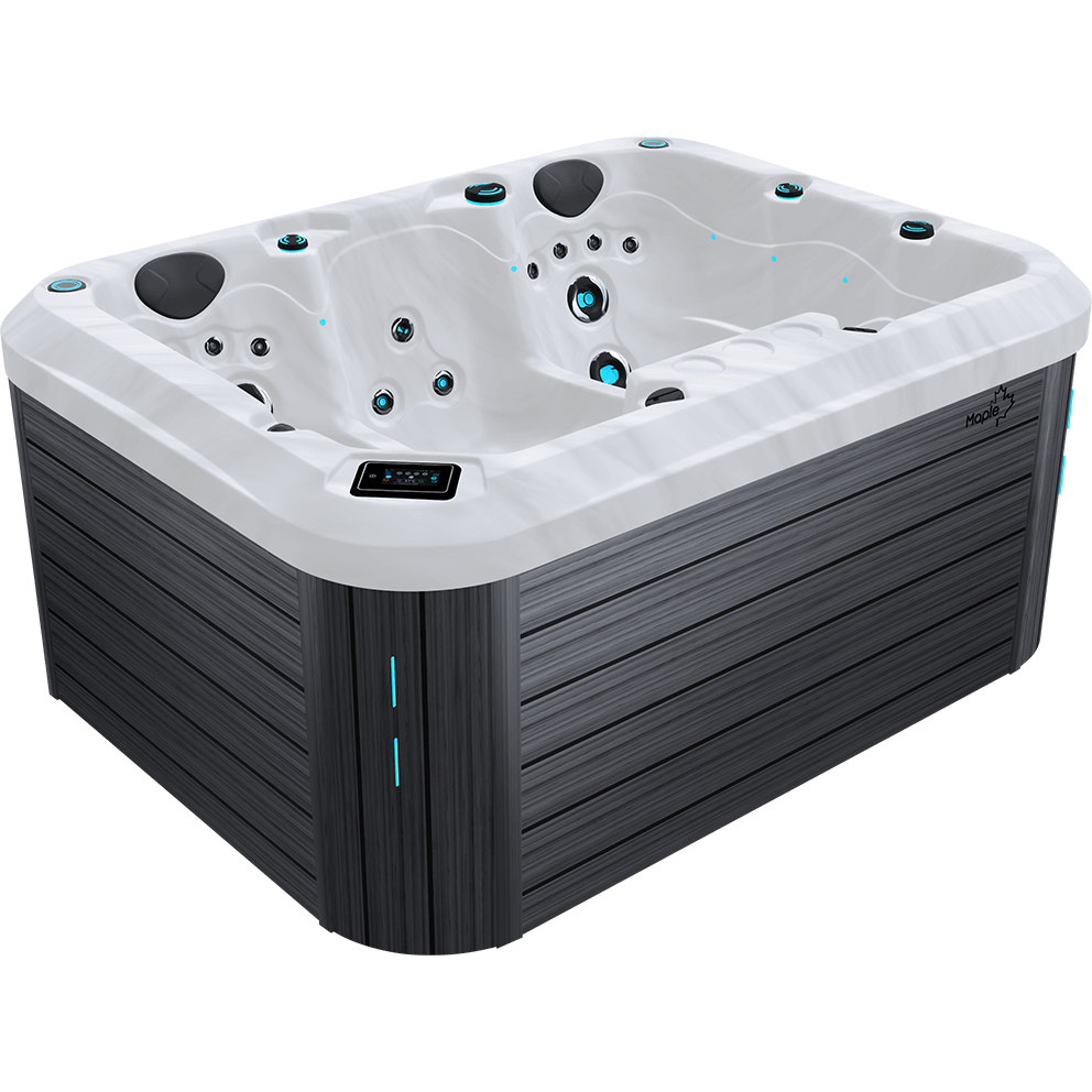 Angled front three quarter view of the Maple Spas M350 3-Person Hot Tub displayed isolated on a transparent background, featuring a white marble-effect acrylic shell and grey horizontal wood-grain cabinet panels. The compact interior layout shows two parallel ergonomic lounge seats positioned along the left and right sides, each contoured for full-body support from shoulders to calves. The left lounge includes a cluster of larger circular back jets near the upper back area, followed by smaller lumbar jets and additional leg jets aligned down the length of the seat. The right lounge mirrors this configuration with vertically aligned back jets and evenly spaced leg and calf jets. Between the two lounges is a single upright centre seat at the rear wall with a circular arrangement of mid-back and lower-back jets beneath a dark grey padded headrest. Additional dark grey headrests are positioned at the top of each lounge. Blue LED illuminated jet rings are visible throughout the shell, along with subtle perimeter waterline lighting. The digital control panel is embedded into the top front lip above the cabinet corner. The exterior cabinet corner features a slim vertical LED accent strip, and the Maple leaf logo badge appears on the upper right cabinet panel.