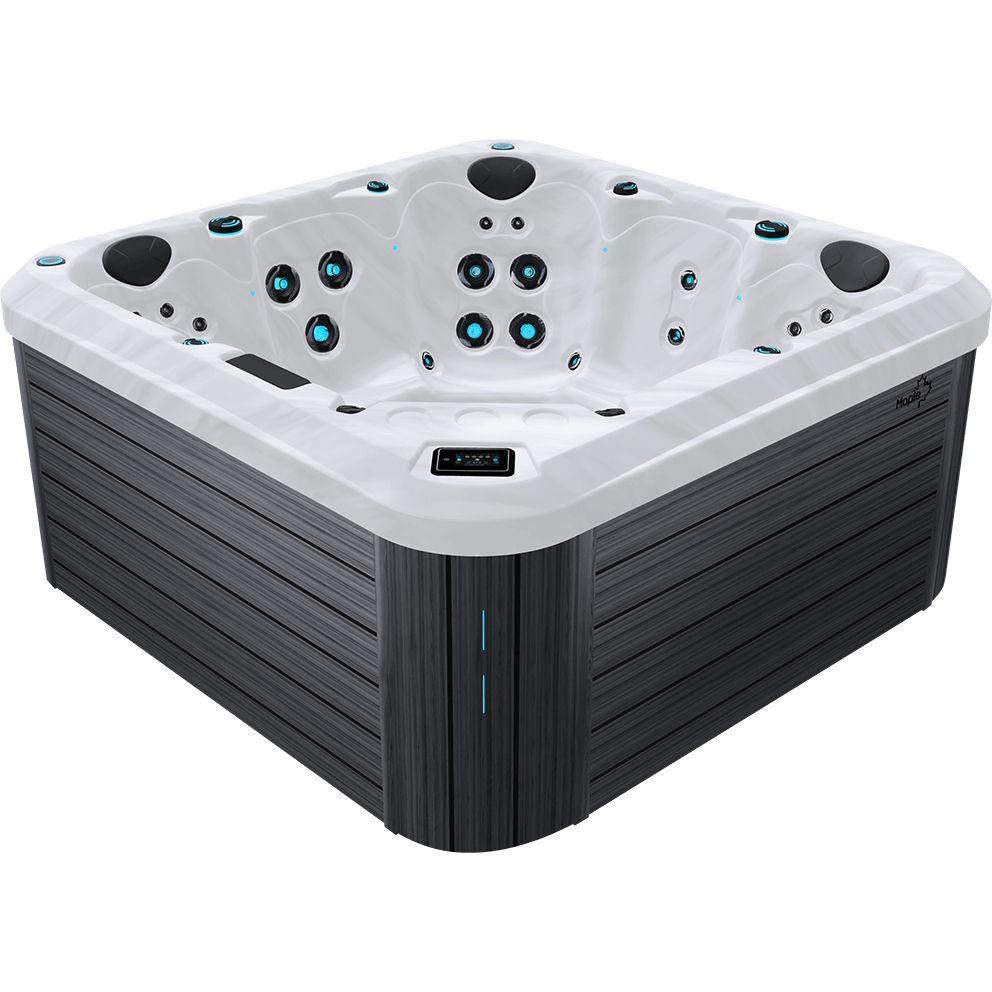 Angled front three quarter view of the Maple Spas M550 5-Person Hot Tub shown isolated on a transparent background, featuring a white marble-effect acrylic shell and grey horizontal wood-grain cabinet panels. The interior layout reveals two opposing full-length lounge seats positioned along the left and right sides, each contoured to support the head, back, hips, and legs. Both loungers contain vertically aligned back jets and horizontally positioned thigh and calf jets for simultaneous head-to-toe hydrotherapy. Between the loungers at the rear centre is an upright therapy seat with a symmetrical cluster of larger circular jets targeting the mid and upper back. Additional upright seating areas are integrated along the remaining perimeter with grouped lumbar and shoulder jets. Dark grey padded headrests are mounted at the top of each lounge and at the central upright seat. Blue LED-illuminated jet rings are distributed evenly throughout the shell, complemented by subtle perimeter waterline lighting. The digital control panel is embedded into the top front lip above the cabinet corner. The cabinet corner features a vertical LED accent strip, and the Maple leaf logo badge appears on the upper right cabinet panel.