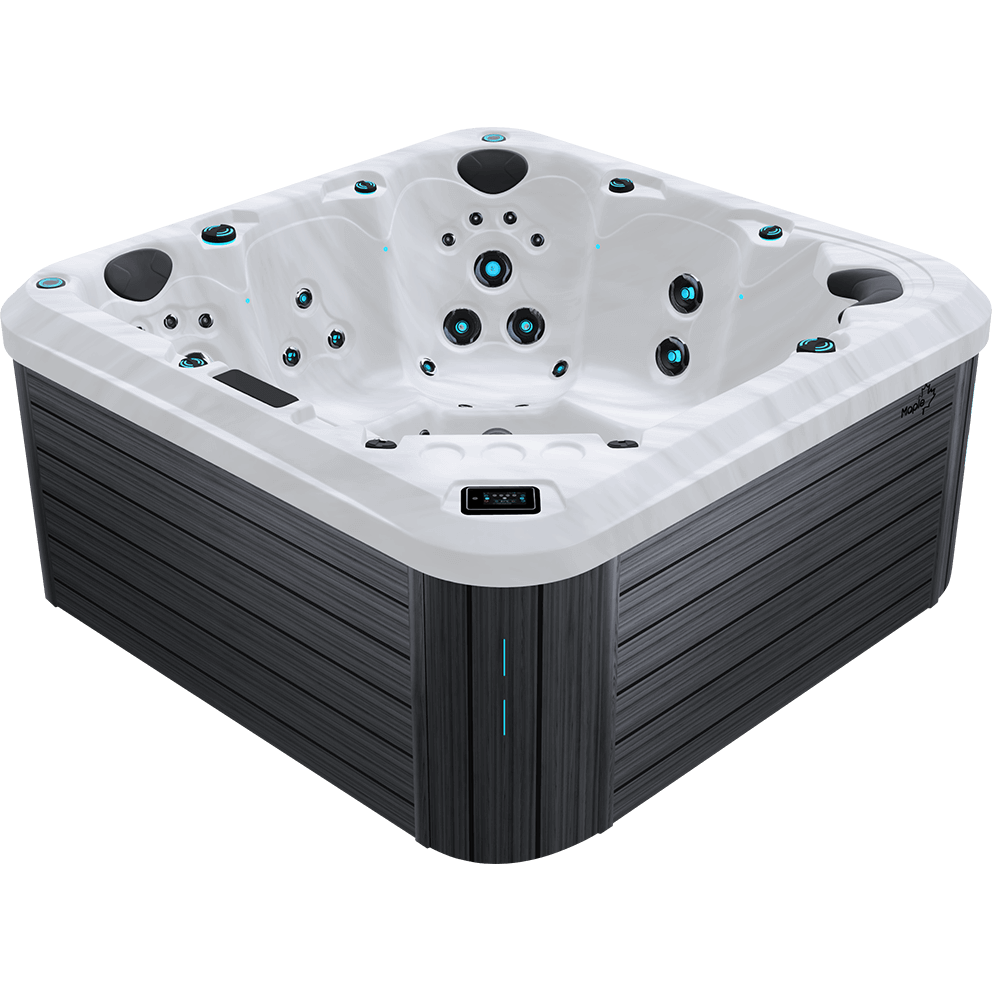Angled front three quarter view of the Maple Spas M650 6-Person Hot Tub displayed isolated on a transparent background, featuring a white marble-effect acrylic shell and grey horizontal wood-grain cabinet panels. The interior layout highlights a full-length lounge seat positioned along the left side, contoured to support the head, back, hips, and legs. The lounge contains multiple hydrotherapy jets arranged vertically along the backrest and horizontally along the leg and calf area for head-to-toe massage. At the rear centre is a deep therapy seat with a circular cluster of larger jets targeting the mid and upper back. Additional upright seats are arranged along the right side and front corner, each fitted with precisely spaced back and lumbar jets. Dark grey padded headrests are mounted at key seating positions along the upper rim. Blue LED illuminated jet rings are evenly distributed throughout the shell, complemented by subtle waterline lighting. The digital control panel is embedded into the top front lip of the shell above the cabinet corner. The exterior cabinet features a vertical LED accent strip integrated into the front corner panel, and the Maple leaf logo badge is visible on the upper right cabinet face.
