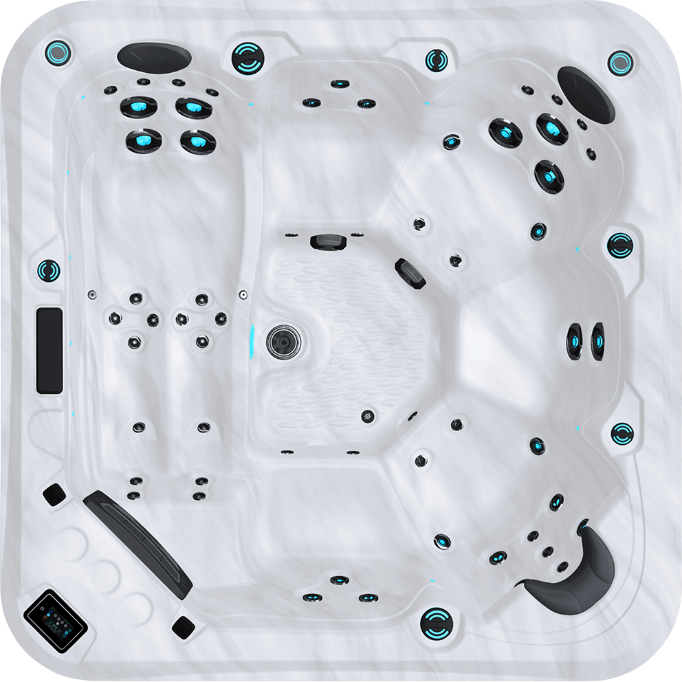 Direct overhead top view of the Maple Spas M650 6-Person Hot Tub shown against a transparent background, clearly revealing the full seating configuration and jet placement. The full-length lounge seat occupies the left side of the shell, extending from the upper left corner down toward the lower centre, with aligned back, thigh, and calf jets positioned along the moulded contours. The central footwell is spacious and features an advanced Volcano Jet located near the centre of the floor for deep foot and lower body massage. Surrounding upright seats include grouped upper back jets, mid-back jets, and lower lumbar jets arranged symmetrically for balanced hydrotherapy. Dark grey headrests are positioned at the top of the lounge and at selected perimeter seats. Blue LED jet illumination and perimeter waterline lighting are visible around the shell. The digital control panel appears at the lower left rim from this overhead perspective, housed in a black rectangular bezel. Diverter controls and air valves are integrated along the lower edge and side walls. The layout emphasises ergonomic seating depth, full-body lounge functionality, targeted hydrotherapy, and energy-efficient design.