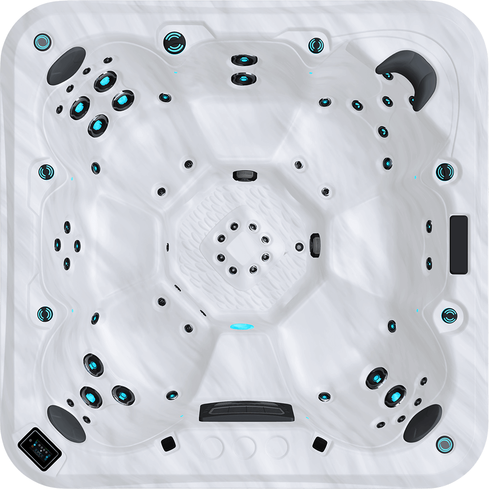 Direct top-down view of the Maple Spas M850 Large 7-Person Hot Tub presented against a transparent background, clearly showing the full interior layout and seating configuration. The white marbled acrylic shell encloses seven distinct seating zones arranged symmetrically around a raised, geometric central footwell that contains multiple evenly spaced foot jets. Each seat features carefully placed hydrotherapy jets targeting the upper back, mid back, and lower back, with several jets accented by blue LED illumination. Dark grey headrests are positioned at the top of key seats along the perimeter. The waterline lighting traces the inner edge of the shell, creating a continuous illuminated outline. The digital control panel appears on the lower left corner of the rim from this overhead perspective, set into the shell with a black surround. Additional elements such as air controls, diverter knobs, and auxiliary jet clusters are visible along the inner walls, all precisely moulded into the acrylic surface. The image focuses solely on the spa’s interior ergonomics, jet distribution, and control placement with no external background present.