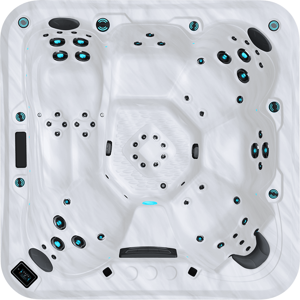 Top down overhead view of the Maple Spas M950 Premium 7-Person Hot Tub clearly displaying the full seating layout within the white marble effect acrylic shell against a fully transparent background. Seven seating positions are arranged around the perimeter, including one deep therapy seat at the top centre with a dense cluster of back jets, multiple upright hydrotherapy seats along the left and right sides with grouped lumbar and shoulder jets, and a sculpted lounge seat positioned at the lower right corner featuring aligned jets along the backrest and leg area. A raised square foot dome sits in the exact centre of the spa floor, equipped with evenly spaced foot massage jets arranged in a circular formation. Additional floor level jets are placed around the perimeter of the footwell. Black cushioned headrests are visible at key seating positions along the upper shell rim. Blue LED illuminated jet rings accent each jet location, and small integrated waterline lighting points are spaced around the inner perimeter. The digital control panel is located at the lower left edge of the shell, embedded into the acrylic lip. Three circular diverter or control knobs are positioned along the lower edge above the front seating area, with two smaller black intake or auxiliary fittings nearby. The overall layout emphasises balanced hydrotherapy distribution, adjustable jet placement, and integrated modern lighting.