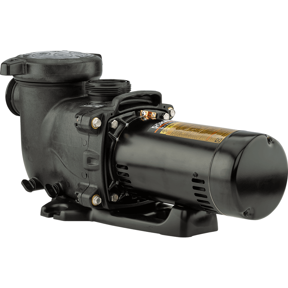 Angled three quarter view of the Hayward MaxFlo XL Pool Pump, isolated on a transparent background, with the strainer housing on the left and the cylindrical motor extending to the right. The tall, rounded strainer pot sits at the left end with a wide, flat lid on top, while a threaded discharge outlet rises from the top centre of the wet end like a short vertical collar. The motor body runs horizontally to the right with a long gold specification label along the upper side and a smooth black end cap at the far right. The pump sits on a moulded base with two curved feet, and the seal plate area between the wet end and motor shows exposed fasteners and bracket details along the midline.