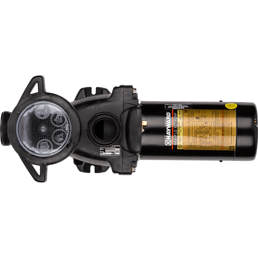 Top-down view of the Hayward MaxFlo XL Pool Pump, isolated on a transparent background, with the strainer lid and suction side on the left and the motor stretching to the right. The strainer lid forms a wide circular cap at the left end, and the suction port appears as a large round opening near the left edge, aligned horizontally. The discharge outlet stands as a short, threaded vertical neck near the centre of the wet end. The motor occupies the right half as a long cylinder with a gold label running lengthwise, and the base rails and mounting tabs are visible as dark structural shapes beneath the body.