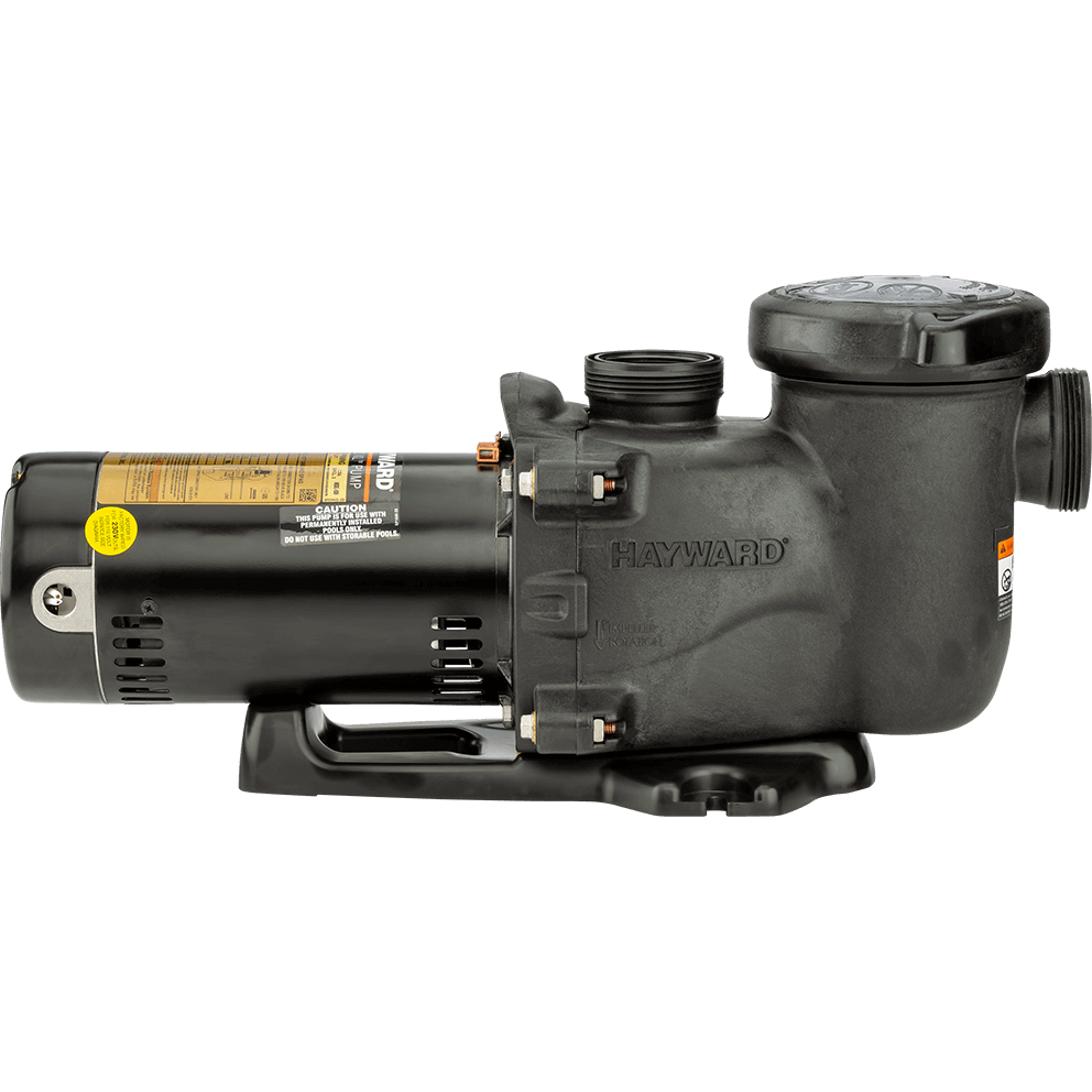 Side profile view of the Hayward MaxFlo XL Pool Pump, isolated on a transparent background, with the motor on the left and the strainer pot on the right. The large threaded suction port is clearly visible at the far right, aligned horizontally, while the threaded discharge outlet rises from the top of the wet end near the centre. The motor cylinder on the left shows a gold label along the top and ventilation slots along the lower side, and the junction between motor and wet end is reinforced by a bolted flange. The base runs underneath as a continuous support rail with broad feet at both ends.