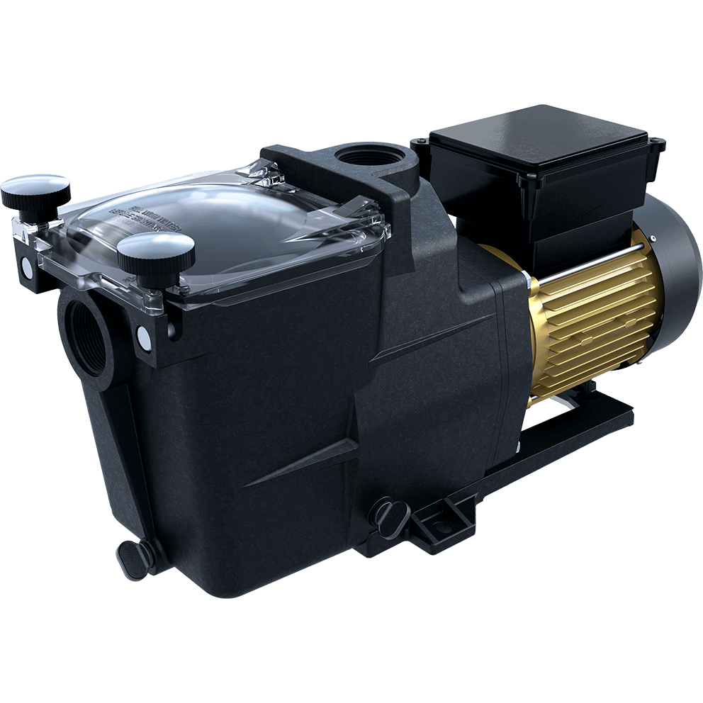 Angled rear-right three-quarter view of the Hayward Super Pump 700 pool pump displayed on a transparent background. The gold-coloured TEFC motor dominates the foreground, with its ribbed cylindrical body extending forward into the black pump housing. The rear fan cover is circular and black, featuring a recessed vent grille pattern. Above the motor, the top-mounted electrical wiring compartment is clearly visible, finished in matte black with a rectangular lid and subtle corner rounding. Moving forward, the black composite strainer housing is partially visible, showing the side wall contours and structural ribs moulded into the casing. The clear strainer lid is seen from an angle, with its transparent surface reflecting light and the two black swing-away hand knobs visible at the far corners. The discharge port opening is visible on the top front edge of the housing, while the suction inlet is partially obscured from this angle. The pump rests on a black base frame with mounting feet visible beneath the motor and housing, maintaining a low, stable profile.