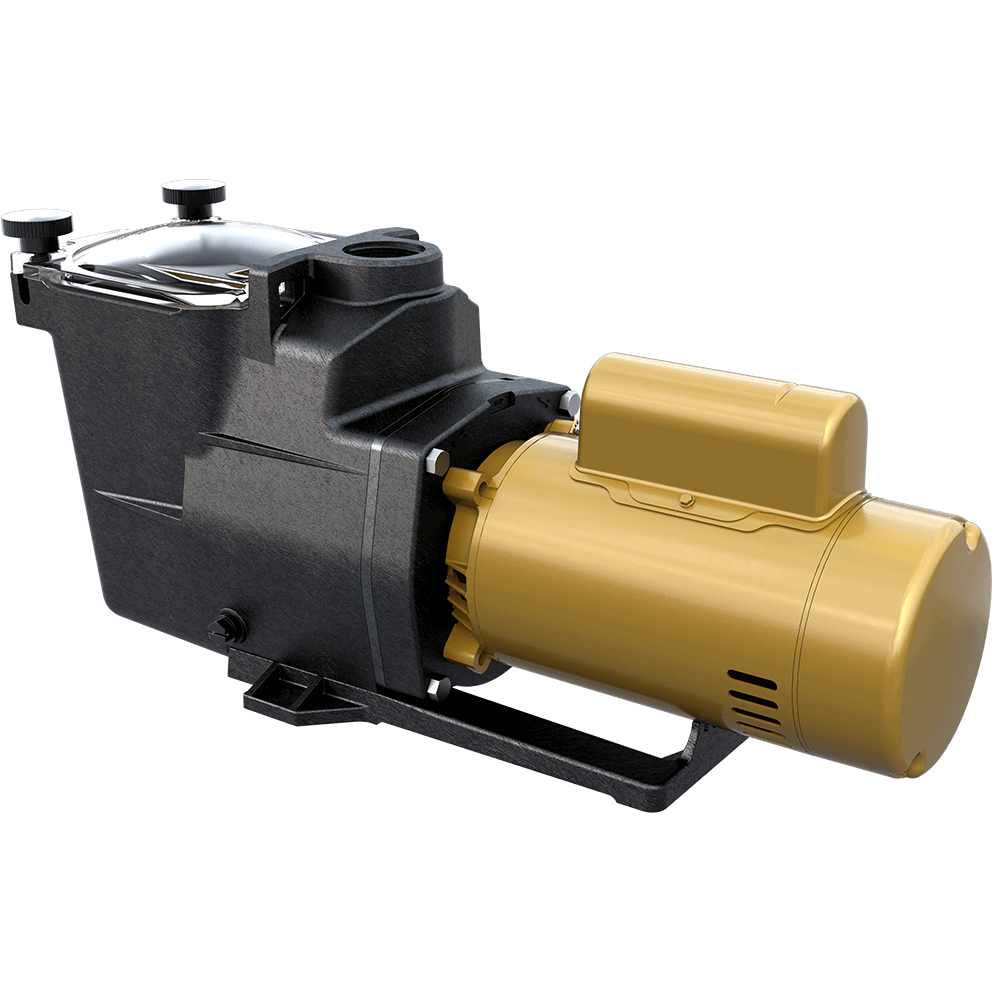 Angled view of the Hayward Super Pump high-efficiency pool pump on a transparent background, showing the pump from a lower perspective that emphasises the gold motor casing, rounded motor end cap, ventilation slots along the motor body, and the black pump housing extending forward with the clear strainer lid and hand knobs visible above, along with the integrated mounting base supporting the entire assembly.