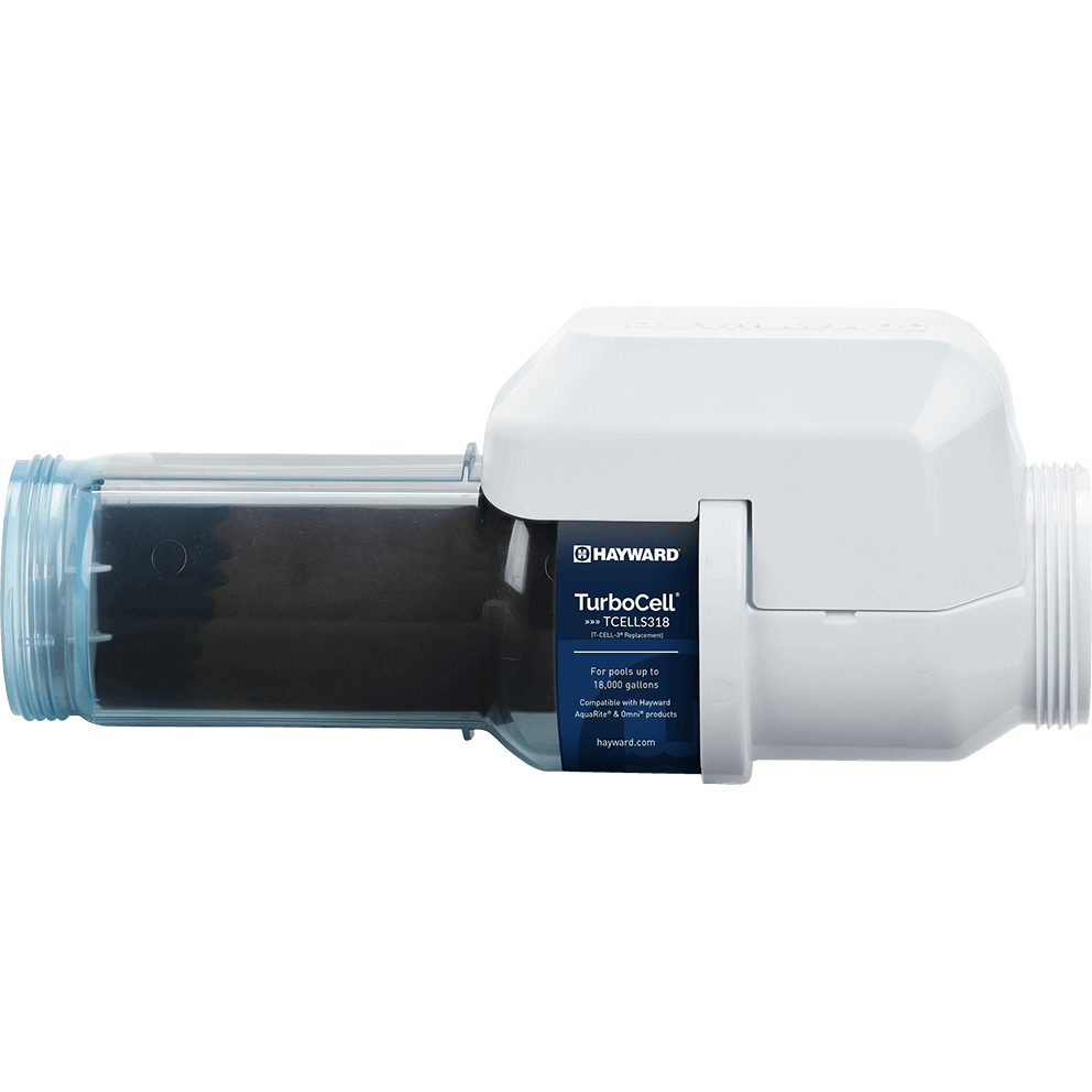 Straight side profile view of the Hayward TurboCell S318 18k Clear Salt Cell isolated on a transparent background, oriented horizontally with the clear salt cell chamber on the left and the white control housing on the right. The cylindrical chamber shows the internal electrode stack through the translucent blue plastic, and the circular threaded inlet opening is visible at the far left end. The dark blue product label on the housing reads TurboCell TCELLS318 for pools up to 18,000 gallons and notes compatibility with AquaRite and Omni systems. The white housing has a smooth rectangular profile with rounded edges and subtle embossed HAYWARD branding on top, designed for inline installation within a pool plumbing system.