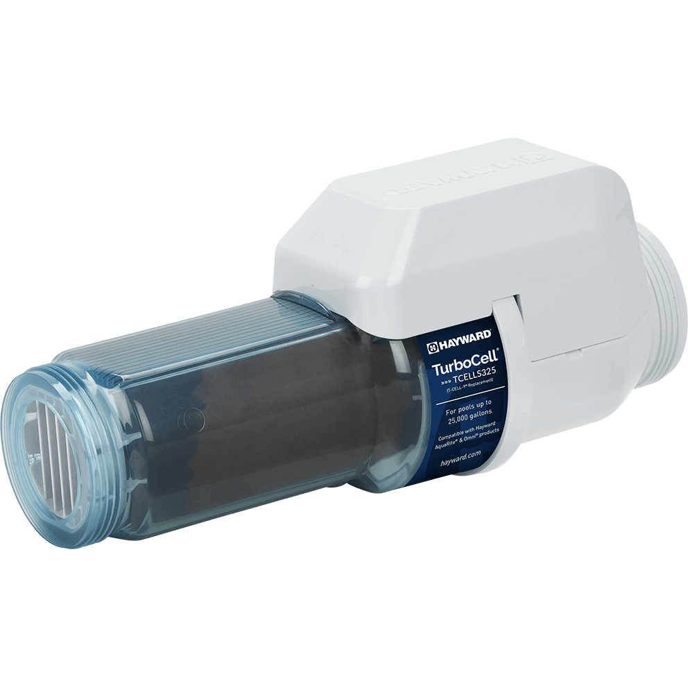 Angled right-facing view of the Hayward TurboCell S325 25k Clear Salt Cell displayed on a transparent background, featuring the white moulded control housing now positioned on the right and the translucent clear blue salt cell chamber extending to the left. The navy product identification label is visible on the housing side panel, clearly reading TurboCell TCELLS325 and indicating suitability for pools up to 25,000 gallons. The transparent chamber reveals the dark electrode stack and internal ribbing that supports efficient chlorine generation with lower headloss. The threaded union ports at both ends are sharply detailed, showing clean mould lines and connection threads for straightforward installation with AquaRite, AquaTrol, OmniPL, and Omni systems. The transparent background allows the entire form, including the cable entry point and union threads, to stand out crisply.