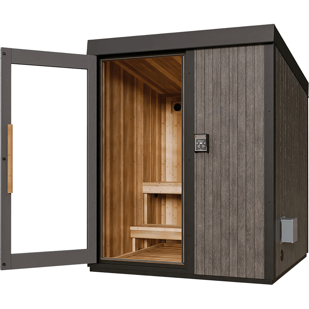 Visscher Luxe Sauna: Open glass door reveals the 2-3 person Western Red Cedar interior with two-tier L-shaped benches and Homecraft control panel.