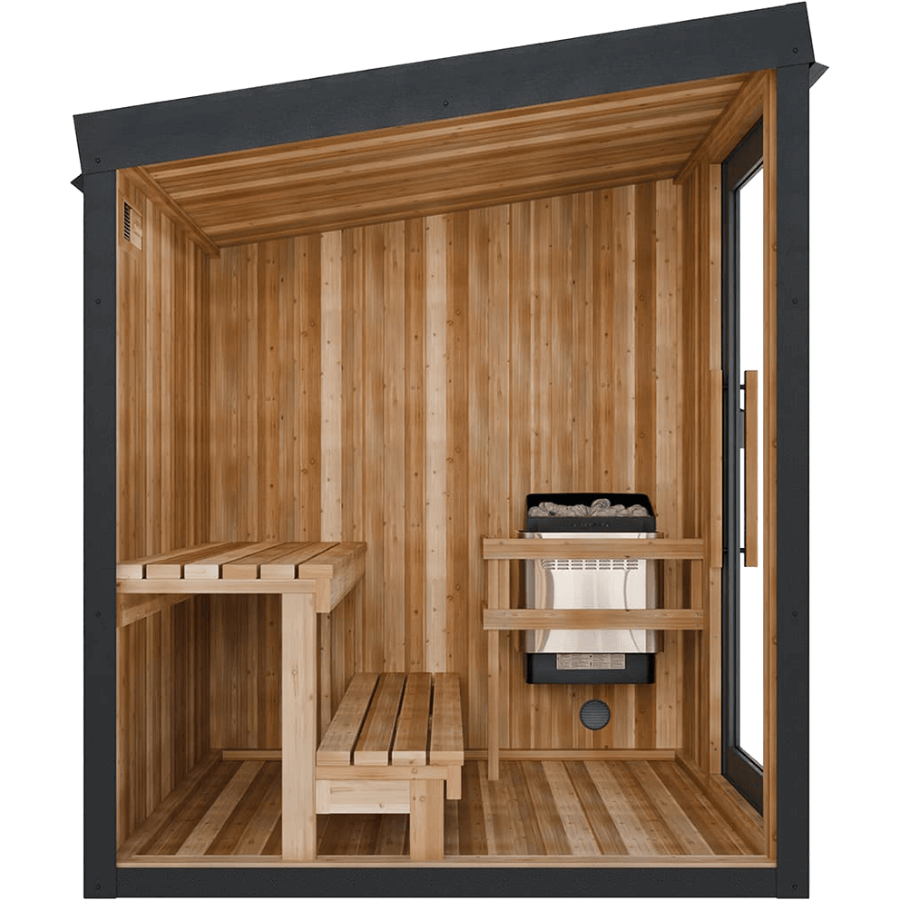 Visscher Luxe Sauna cutaway: Profile view showing the 9kW heater, cedar safety rail, and two-tier seating layout at Crown Spas & Pools Winnipeg.