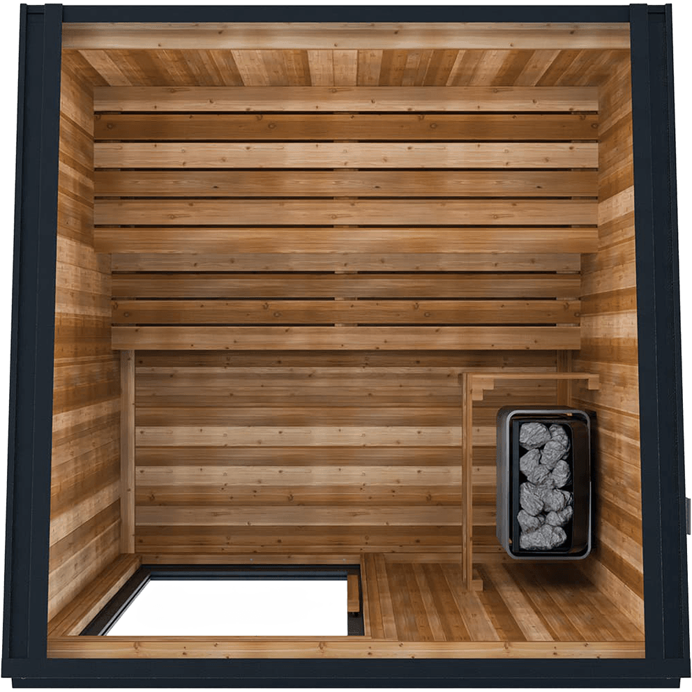 Visscher Luxe Sauna top-down view: 6x6 interior layout showcasing L-shaped Western Red Cedar benches, floor slats, and Homecraft heater placement.