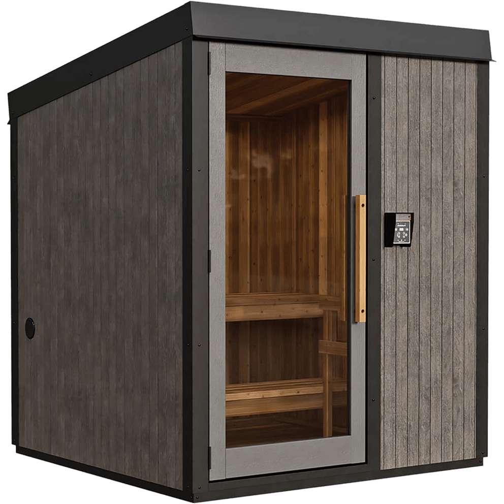 Visscher Luxe Sauna at Crown Spas & Pools Winnipeg: Angled view with black snow-load metal roof, grey cladding, and Western Red Cedar interior.