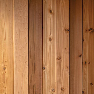 Close-up view of the Premium Western Red Cedar wood material for the Visscher Luxe Sauna, featuring vertically aligned natural wood planks in warm honey, amber, and reddish-brown tones. The surface displays distinct woodgrain patterns with visible knots, growth rings, and fine linear striations running from top to bottom. Subtle variations in colour between boards create a rich, organic appearance, while the smooth, lightly finished surface highlights the natural texture and durability of the cedar, ideal for premium sauna construction.