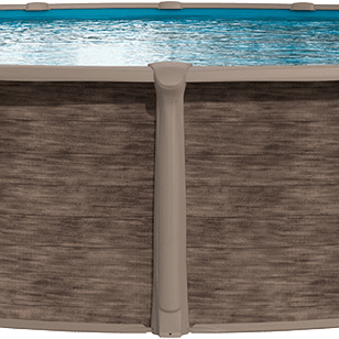 Imperia above ground pool with brown wood-look walls, taupe sculpted uprights, and blue water on a transparent background.
