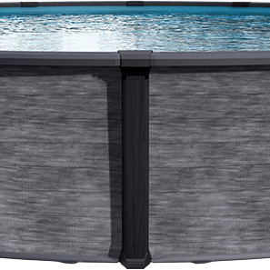 Zion above ground pool by Aqua Leader, featuring textured grey wood-look wall panels, dark charcoal upright posts, and a smooth round top rail over clear blue water on a transparent background.