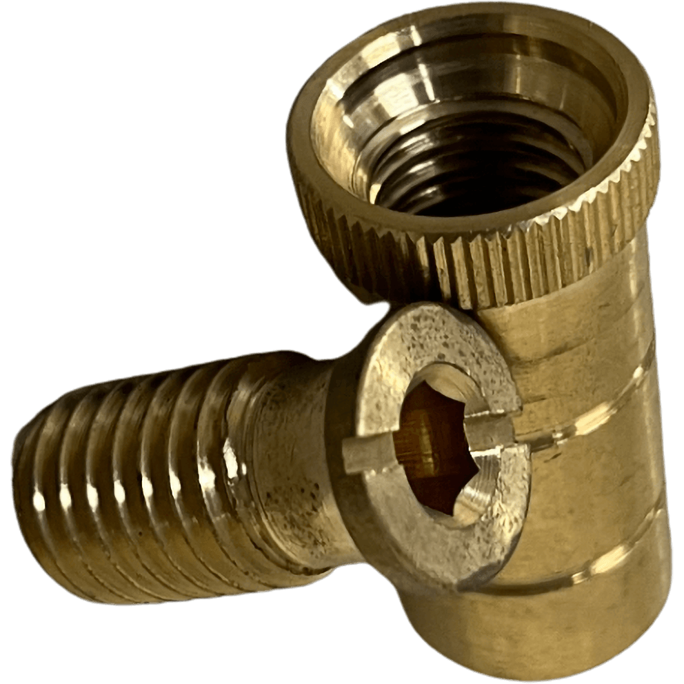 Brass concrete anchor assembly for a PSP Pool Safety Cover, showing a threaded bolt and knurled brass casing.