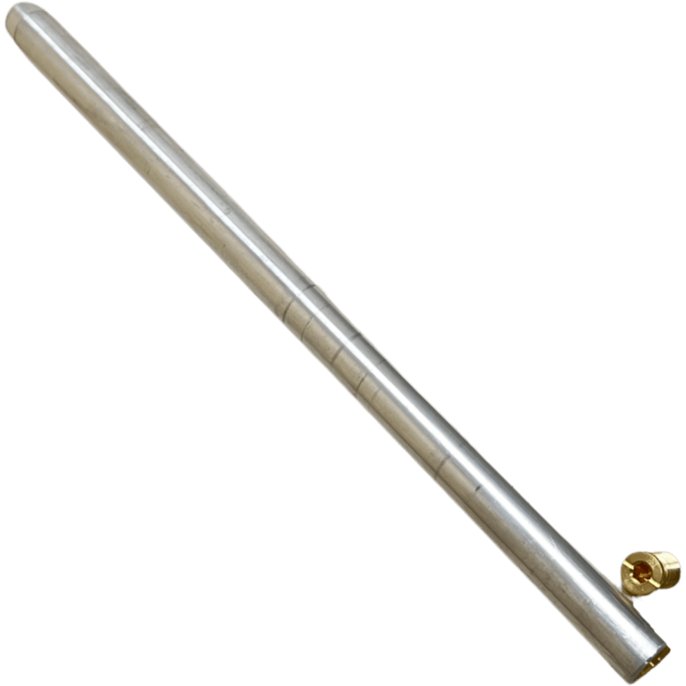 Elongated silver garden stake with brass anchor insert for a PSP Pool Safety Cover lawn installation.