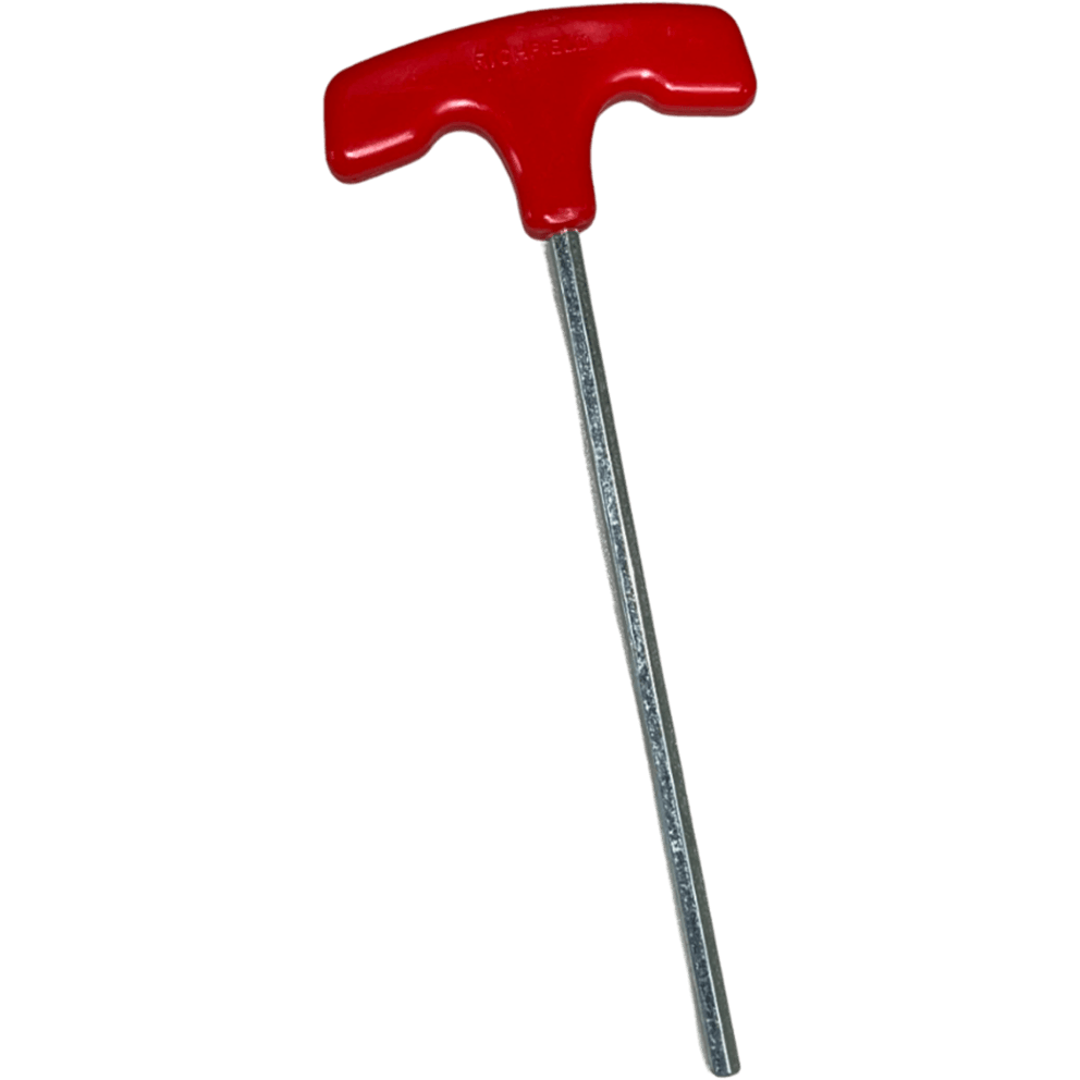 Red T-handle hex key installation tool with silver hexagonal shaft for PSP Pool Safety Cover anchors.