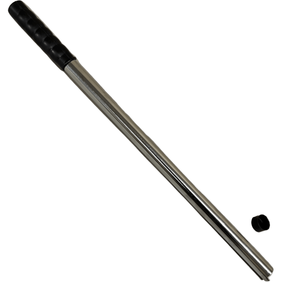 Steel PSP Pool Safety Cover installation rod with black rubber grip handle and detachable end cap.