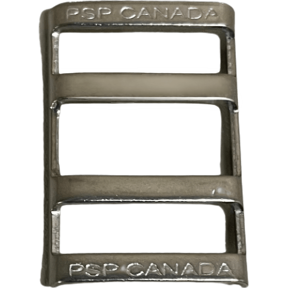 Stainless steel strap buckle for a PSP Pool Safety Cover featuring triple slots and embossed PSP CANADA lettering.
