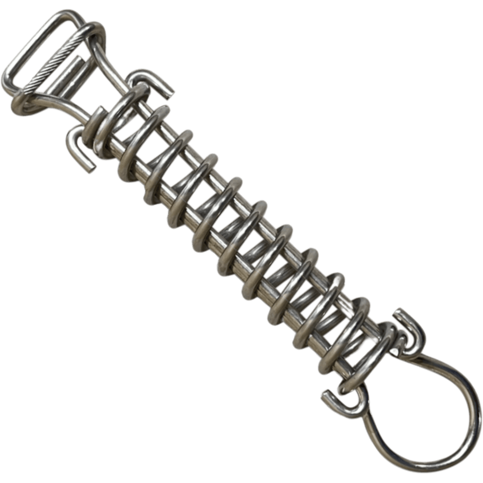 Standard stainless steel spring hardware for a PSP Pool Safety Cover with extended tension coils and strap buckle.