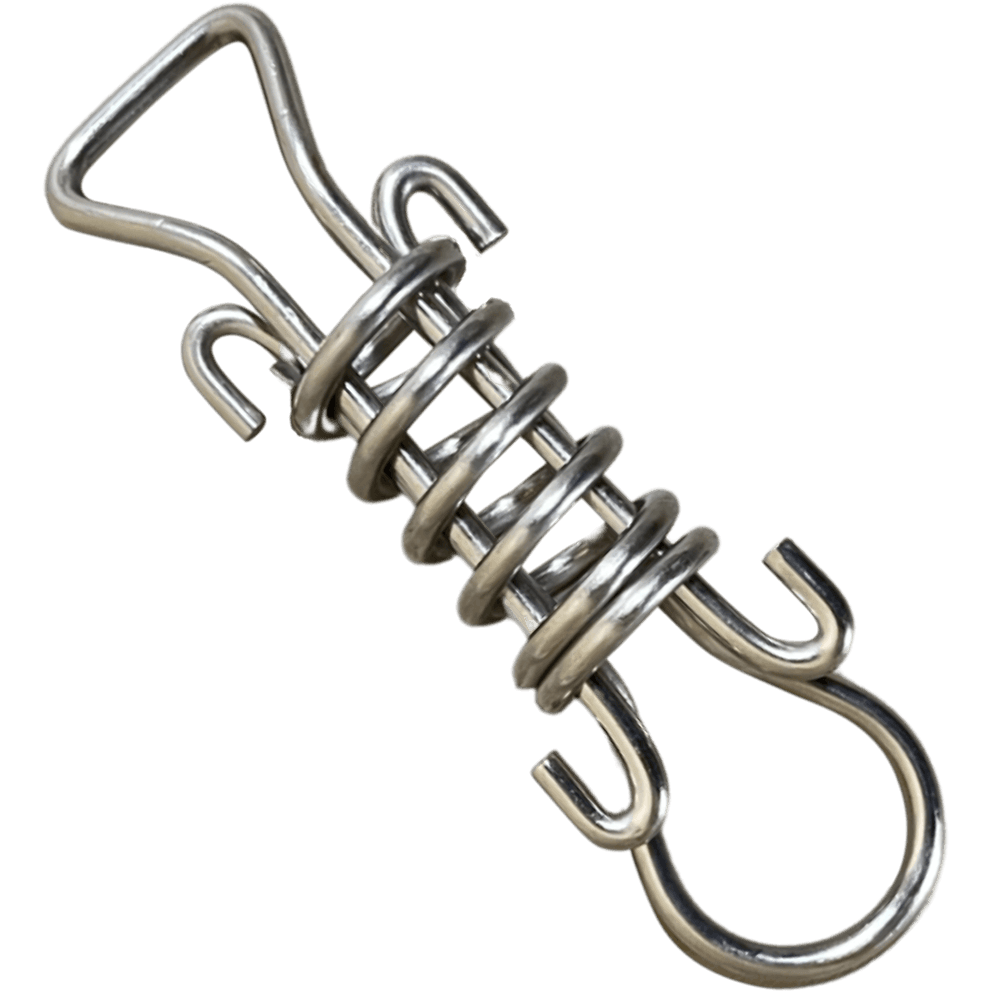 Short stainless steel spring hardware for a PSP Pool Safety Cover with heavy-duty tension coils and hooks.
