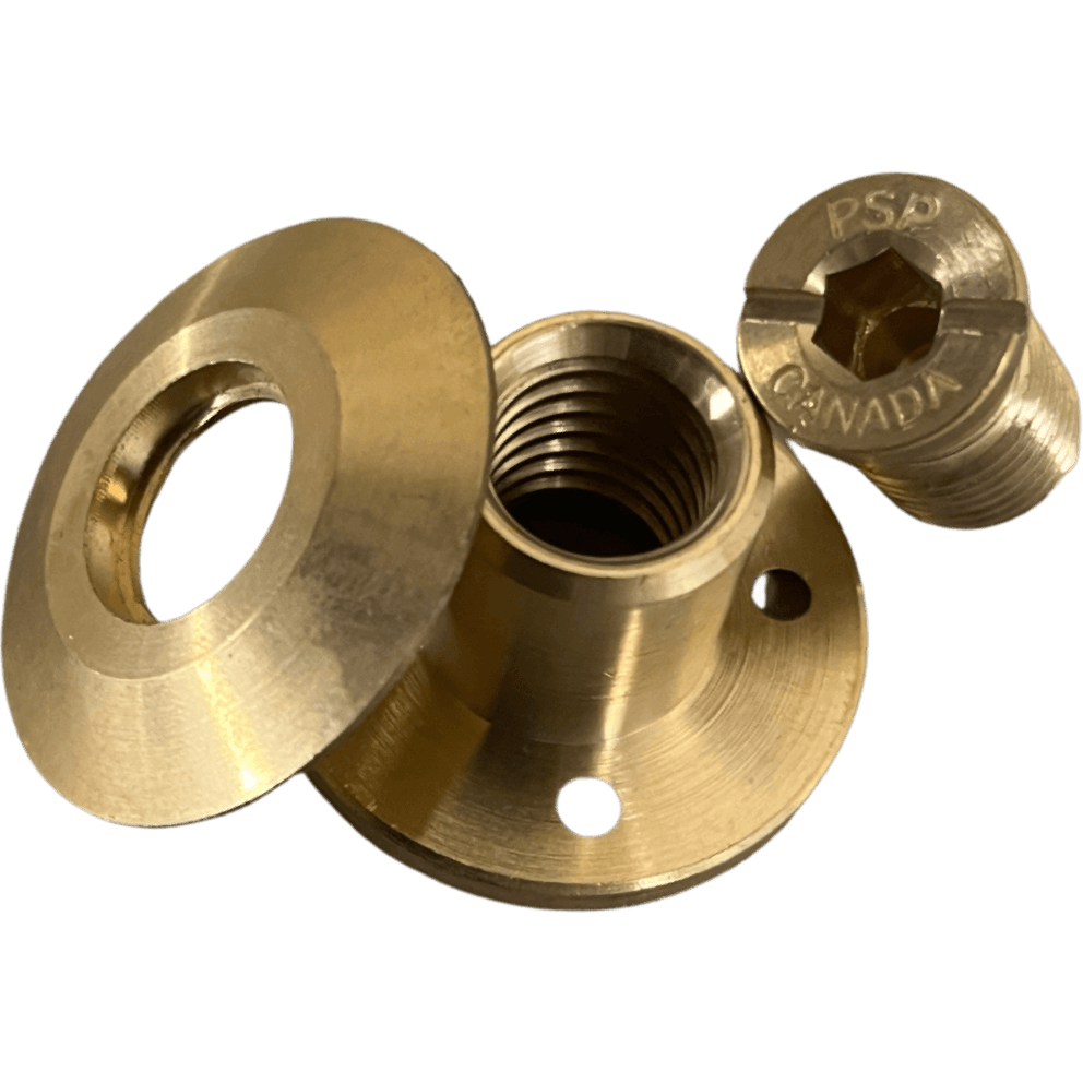 Brass wood deck anchor assembly for a PSP Pool Safety Cover with bevelled flange and PSP CANADA stamped hex insert.