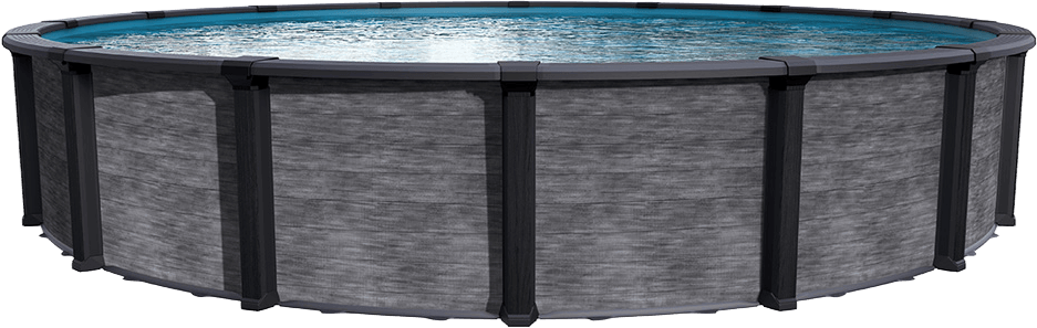 Zion above ground pool by Aqua Leader, featuring textured grey wood-look wall panels, dark charcoal upright posts, and a smooth round top rail over clear blue water on a transparent background.